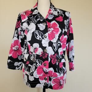 Spartelle Size L Floral Jacket Button Front 3/4 Sleeve Collar Pockets